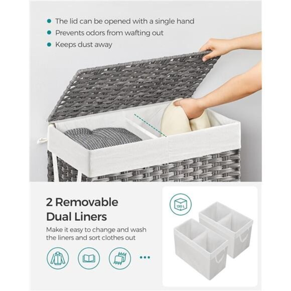 130L Clothes Hamper with Lid, 2 Removable Liner Bags, 6 Mesh Bags, Wicker - Picture 5 of 8